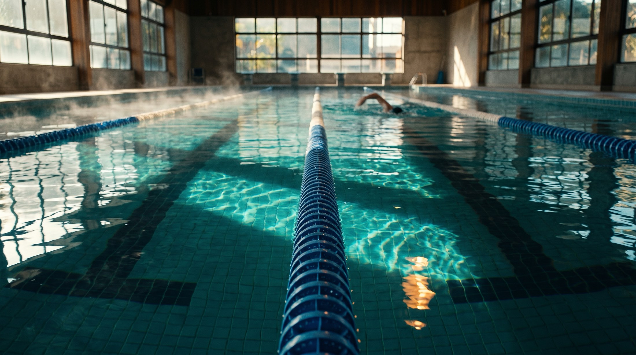 Piscina aquecida coberta com raias e um nadador ao fundo